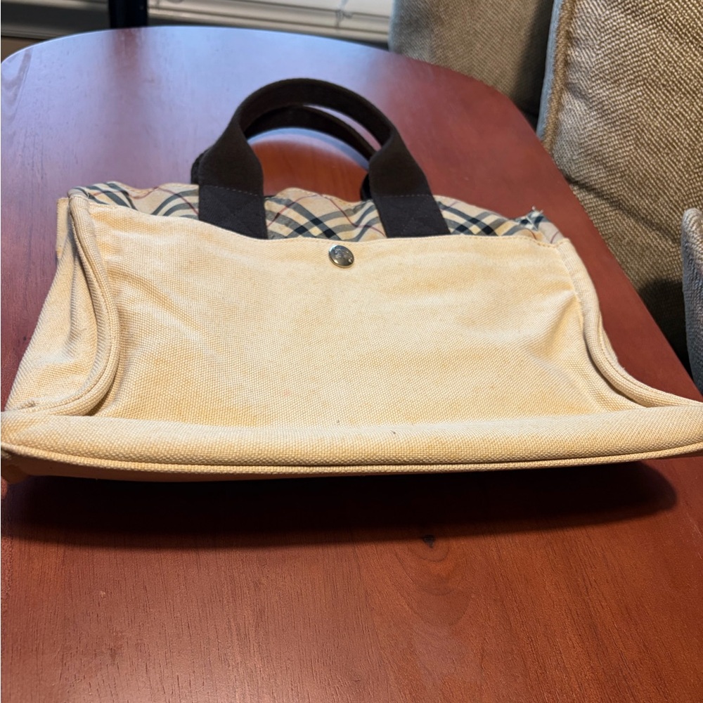 Burberry Authentic Plaid Canvas small Tote Bag with Brown Handles
